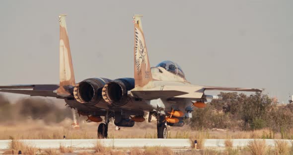 Israeli Air Force F15 fighters taxiing on the runway before takeoff