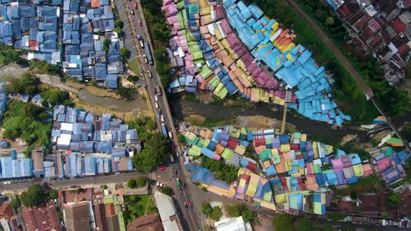 Colourful suburb of Malang Jodipan village, East Java Indonesia, aerial top view