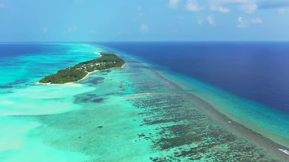 Aerial top view travel of perfect bay beach wildlife by aqua blue ocean with white sand background o