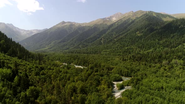Aerial View Mountain Valley Green Forest and River