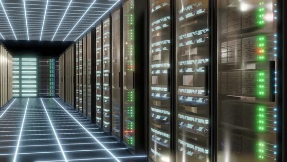 Futuristic server room for online data processing and storage.