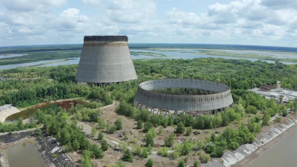 Drone View of Two Giant Cooling Towers, Chernobyl