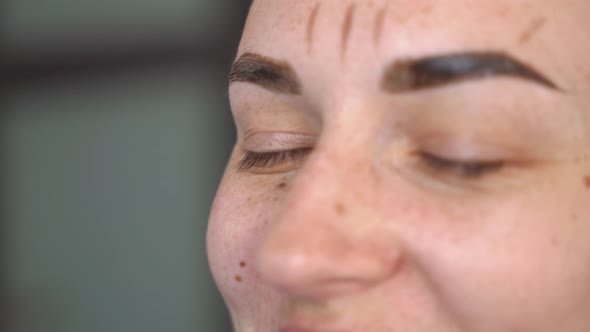 Closeup of Beautiful Female Eyebrows and Gloved Hands Apply Henna to Them with a Brush for Coloring