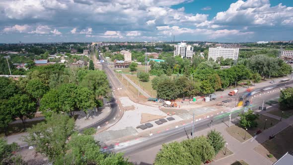 Road Construction Site with Tram Tracks Repair and Maintenance Aerial Timelapse