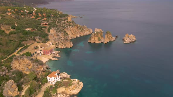 Scopello Coast Sicily Italy on a Cloudy Day Aerial View at the House and the Coast of Sicily