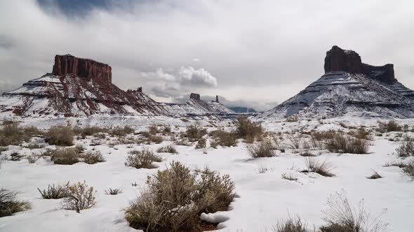 Time lapse in snow covered desert landscape in Castle Valley Utah