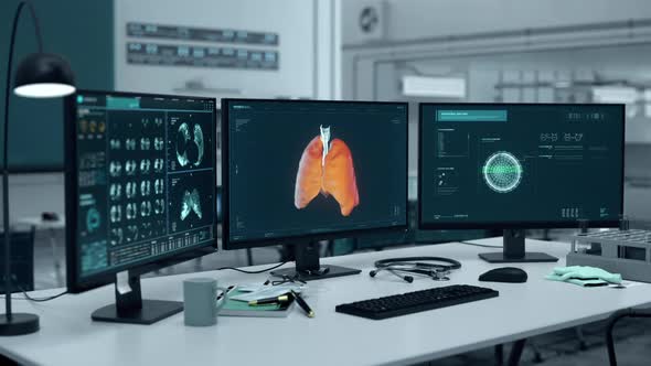 Futuristic medical tech diagnoses a patient with cancer after the lung analysis