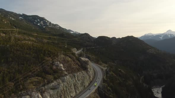 Aerial Drone View of Sea to Sky Highway During a Bright Winter Sunset