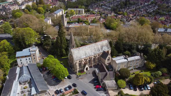 Aerial of community buildings in Bath, UK. River Avon on the left