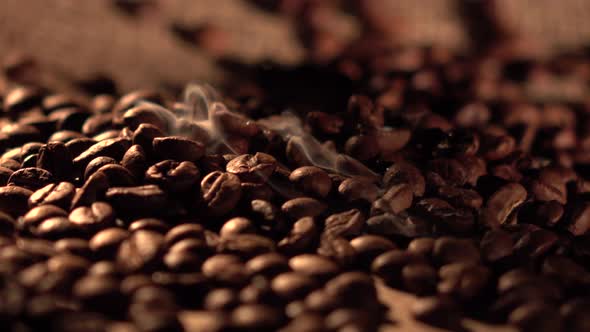 Coffee Beans with Star Anise on Barrel, Cam Moves To the Right, Close Up