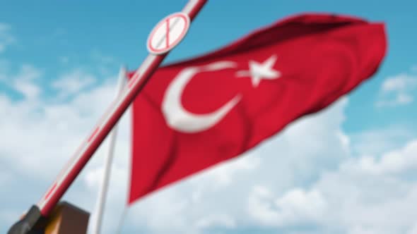 Closed Boom Gate with No Immigration Sign Near the Turkish Flag alt