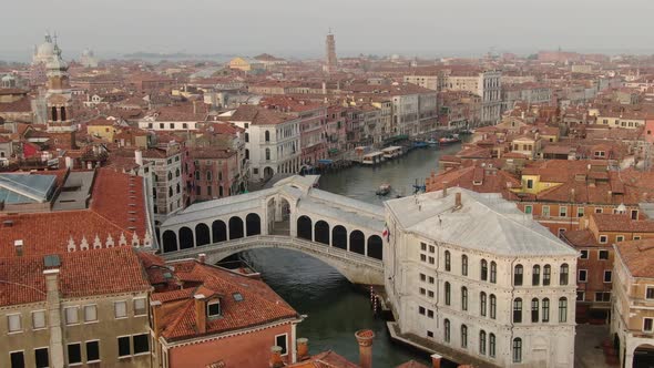Aerial view of Rialto Bridge: the oldest bridge on Grand Canal in Venice, Italy