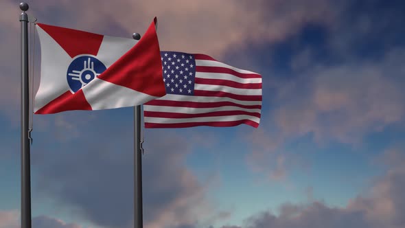 Wichita City Flag Waving Along With The National Flag Of The USA - 4K