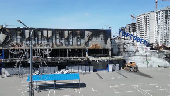 Wartorn Building of a Shopping Center in Bucha Ukraine