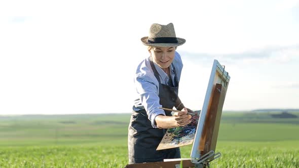 Girl artist paints a picture with oil paints. Beautiful place to relax