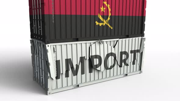 Container with Flag of Angola Breaking Container with IMPORT Text alt