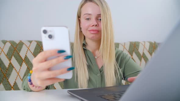 Victim of abuse living happy life and communicating online with modern smartphone gadget