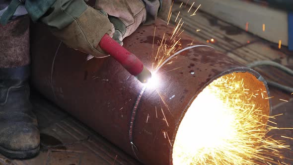 Plasma Cutting of Metal Pipe Closeup