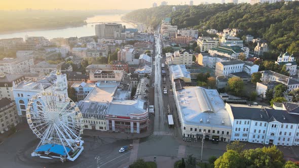 Historical District of Kyiv - Podil in the Morning at Dawn. Ukraine. Aerial View