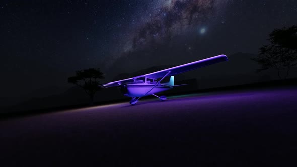 Old Airplane and Milky Way Landscape Standing on Empty Land