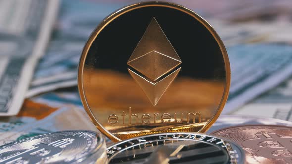 Gold Ethereum Coin, ETH and Bills of Dollars Are Rotating