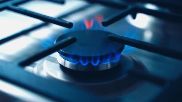 Burning blue flame of gas. Gas burning from kitchen gas stove