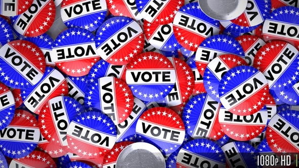 Pile of Election Vote Pins in Red White and Blue