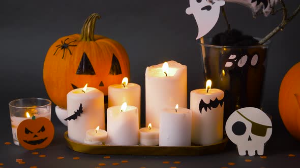 Pumpkins, Candles and Halloween Decorations