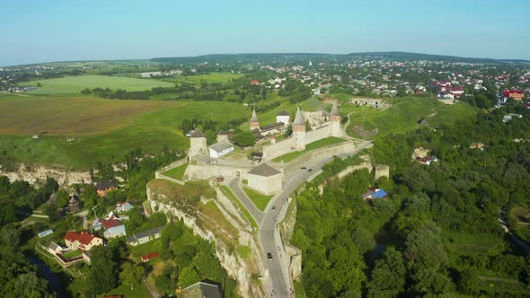 Aerial View of the Ruins of a Large Medieval Castle in Europe