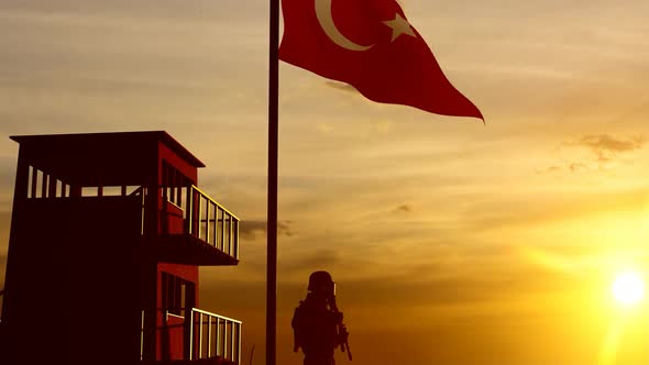 Soldier Guarding the Border Under the Turkish Flag