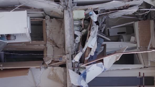 Vertical Video of the War in Ukraine  a Destroyed Building in Borodyanka