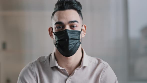 Ethnic Male Student Businessman Hispanic Guy in Medical Mask Protect From Coronavirus Outbreak