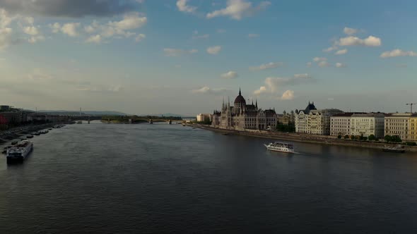 Aerial Drone Footage of Danube River and Budapest City Skyline