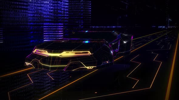 Motion design of a futuristic automobile passing through the modern digital city