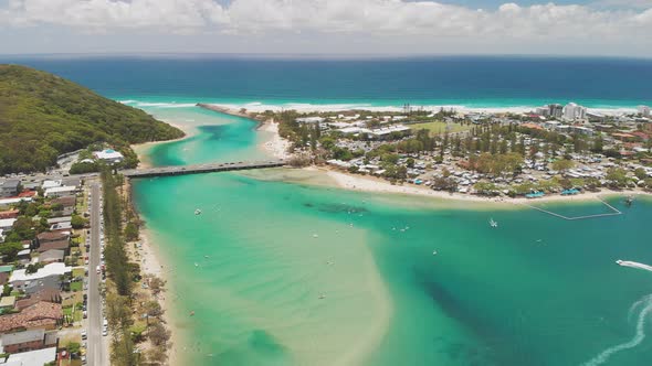 Aerial drone view of Tallebudgera Creek and beach on the Gold Coast, Queensland, Australia