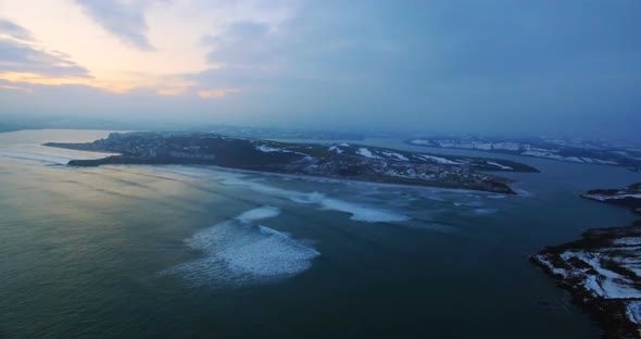 Aerial of Sea and Island at Dusk 4k