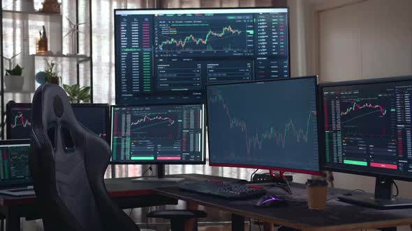 Stock Market Trader Multiple Computer Monitors With Financial Charts
