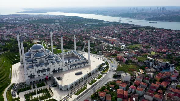 Aerial Drone View of Istanbul Camlica Mosque and Bosphorus