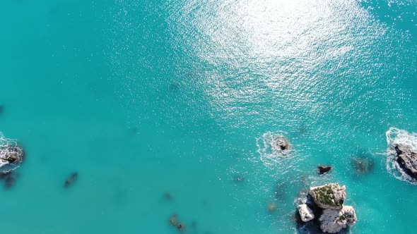 Mediterranean Sea Sparkling in Sunrays on Summer Day. Wide Shot Seascape on Cyprus Tourist Resort