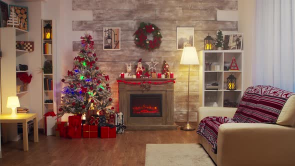 Fireplace and Christmas Tree in a Room Decorated for Christmas