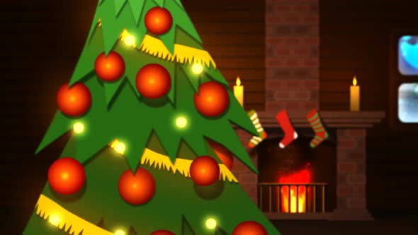 Happy holidays! Warm room in the wooden cottage with the chimney and fireplace.