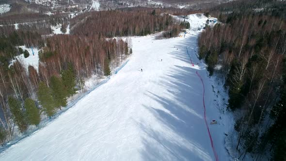 Aerial View on a Ski Slope Surrounded with Trees People Snowboarding and Skiing Down the Hill