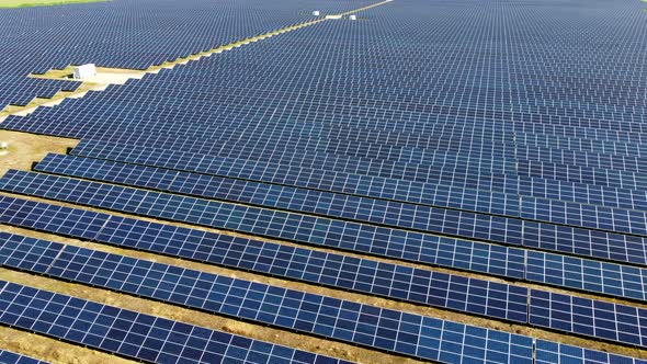 Aerial Drone View Flight Over Solar Power Station Panels