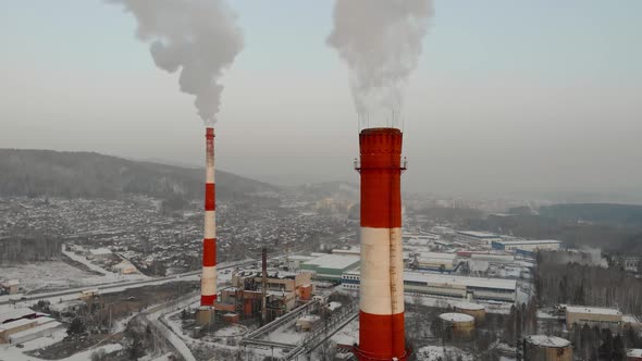 Aerial View of Tall Chimney Pipes with Gray Dirty Smoke From Coal Power Plant