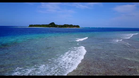 Aerial flying over landscape of tranquil bay beach wildlife by shallow lagoon with white sandy backg