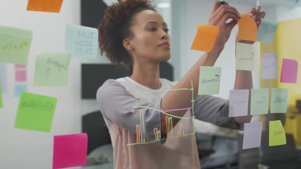 Mixed race businesswoman brainstorming, sticking memo notes on transparent board