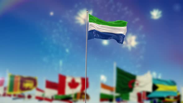 Sierra Leone Flag With World Globe Flags And Fireworks 