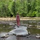 Vintage romantic woman in straw hat, long dress walks on river rocks near forest. Natural scenic - VideoHive Item for Sale