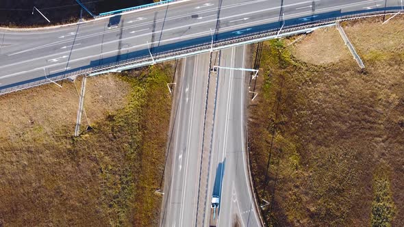 Aerial Drone View of Highway Multilevel Junction Road with Moving Cars