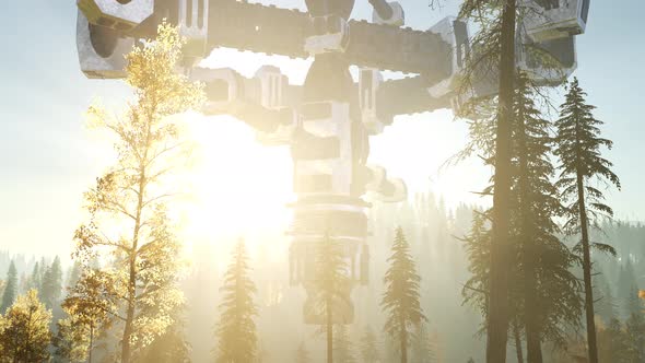 UFO Hovering Over a Forest at Sunset with Light Beam alt